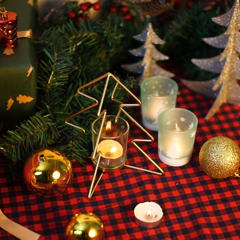 Christmas Tree Iron Tealight Candle Holders Gold Metal Candle Holders with Glass Christmas Candlestick Home Decorations