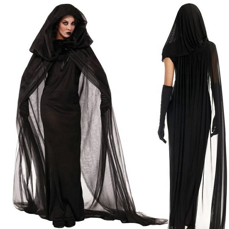 Halloween Vampire Witch Black Death Ghost Hooded Cloak Long Cosplay Dress Costume Party Props