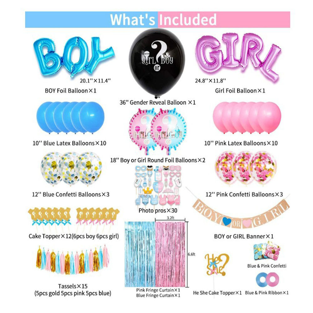 Baby Shower Boy or Girl Foil Balloons with Banner Cake Topper Baby Gender Reveal Balloon Birthday Party Set