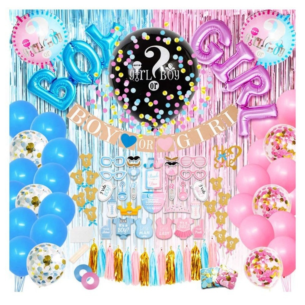 Baby Shower Boy or Girl Foil Balloons with Banner Cake Topper Baby Gender Reveal Balloon Birthday Party Set