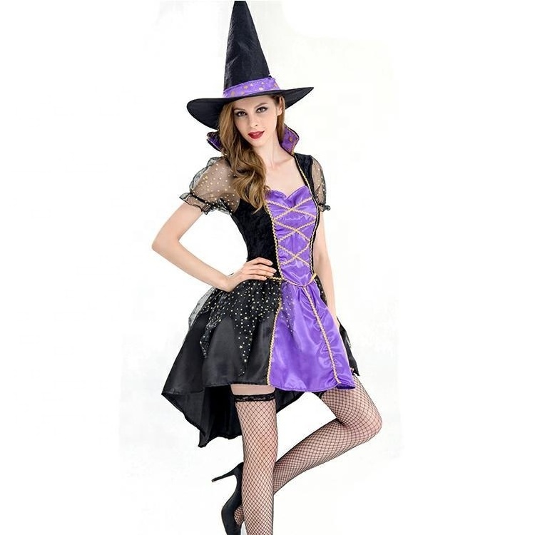 Sexy Purple Elf Witch Costumes with Hat for Women Halloween Carnival Costume Dress Party Stage Play Cosplay Props