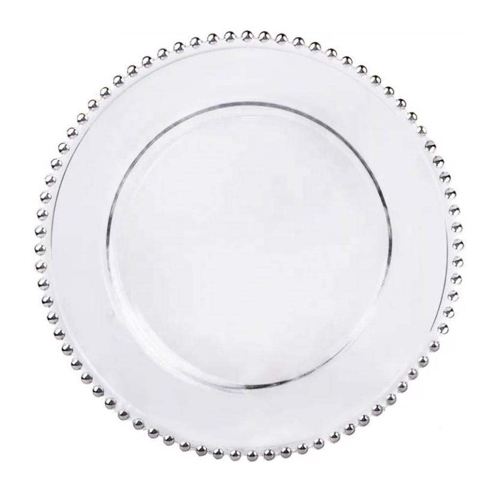 Wholesale Reusable 13Inch Clear Acrylic Charger Plates with Gold Beaded Rim for Wedding Birthday Dinner Tableware Plates