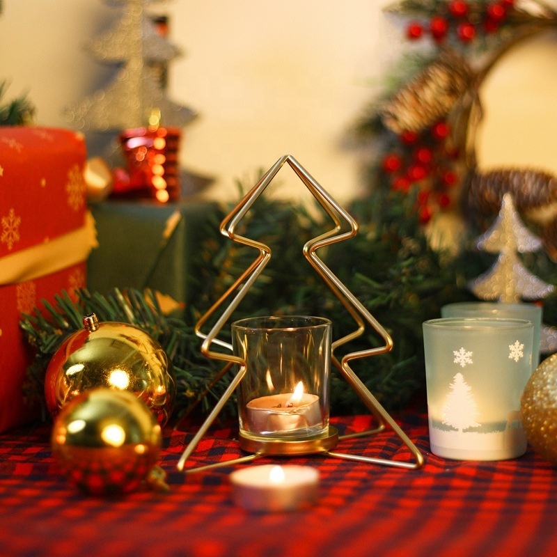 Christmas Tree Iron Tealight Candle Holders Gold Metal Candle Holders with Glass Christmas Candlestick Home Decorations