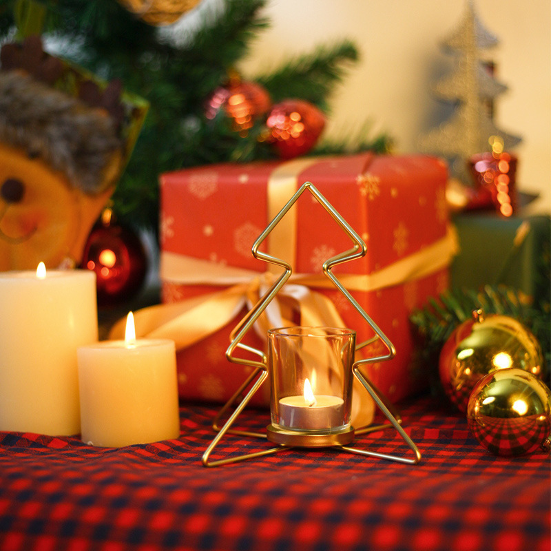 Christmas Tree Iron Tealight Candle Holders Gold Metal Candle Holders with Glass Christmas Candlestick Home Decorations