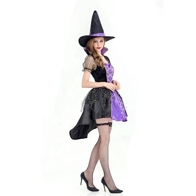 Sexy Purple Elf Witch Costumes with Hat for Women Halloween Carnival Costume Dress Party Stage Play Cosplay Props