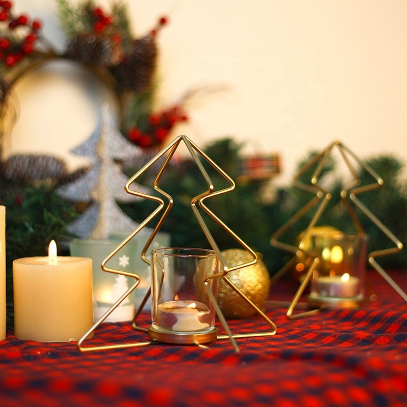 Christmas Tree Iron Tealight Candle Holders Gold Metal Candle Holders with Glass Christmas Candlestick Home Decorations