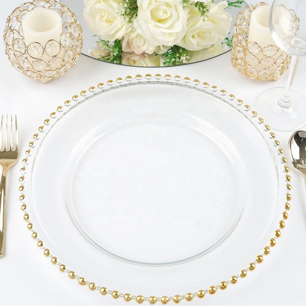 Wholesale Reusable 13Inch Clear Acrylic Charger Plates with Gold Beaded Rim for Wedding Birthday Dinner Tableware Plates