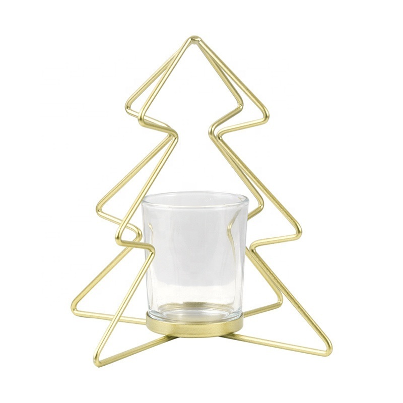 Christmas Tree Iron Tealight Candle Holders Gold Metal Candle Holders with Glass Christmas Candlestick Home Decorations