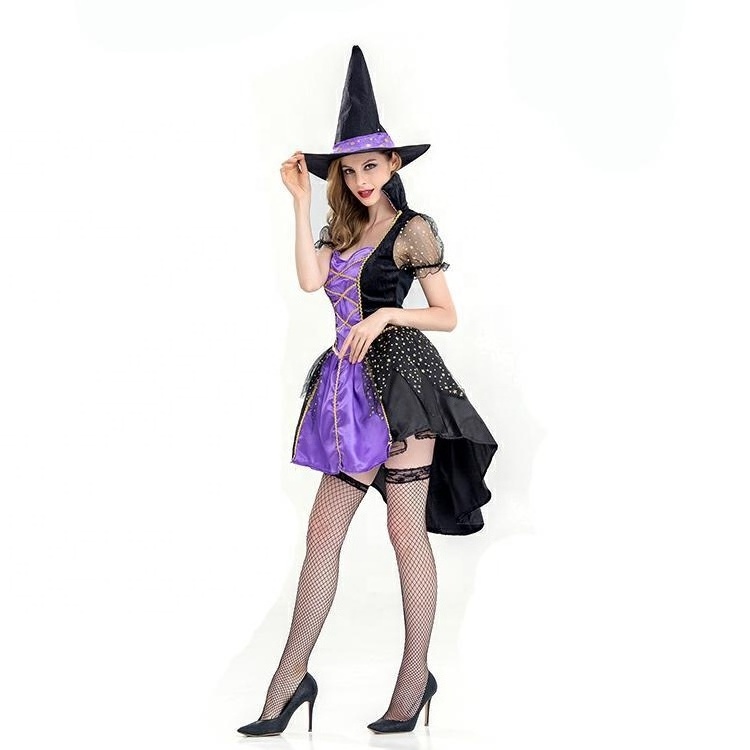 Sexy Purple Elf Witch Costumes with Hat for Women Halloween Carnival Costume Dress Party Stage Play Cosplay Props