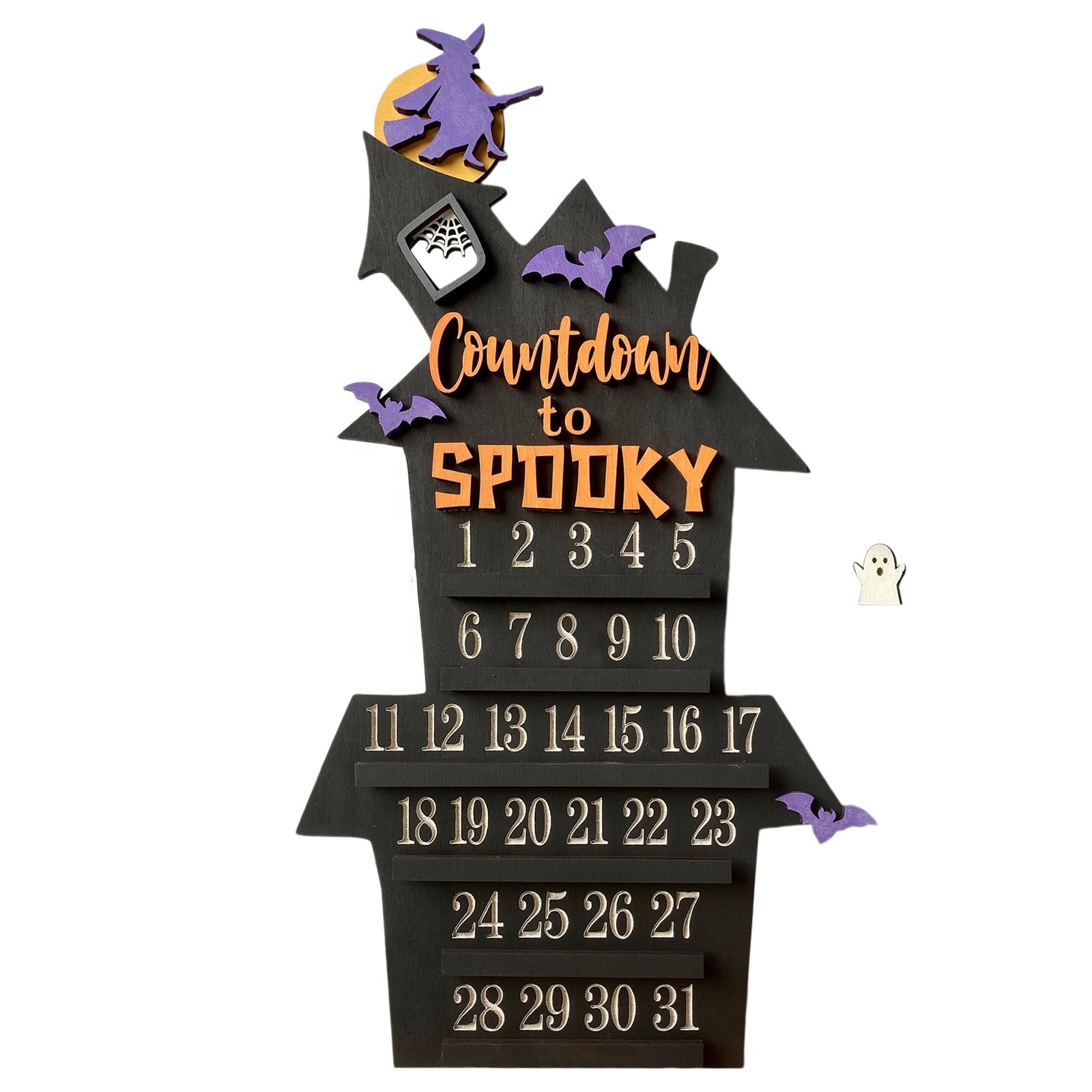 Halloween Advent Countdown Calendar with Witch Bat Decor Wooden Halloween Holiday Desktop Wall Ornament Gifts