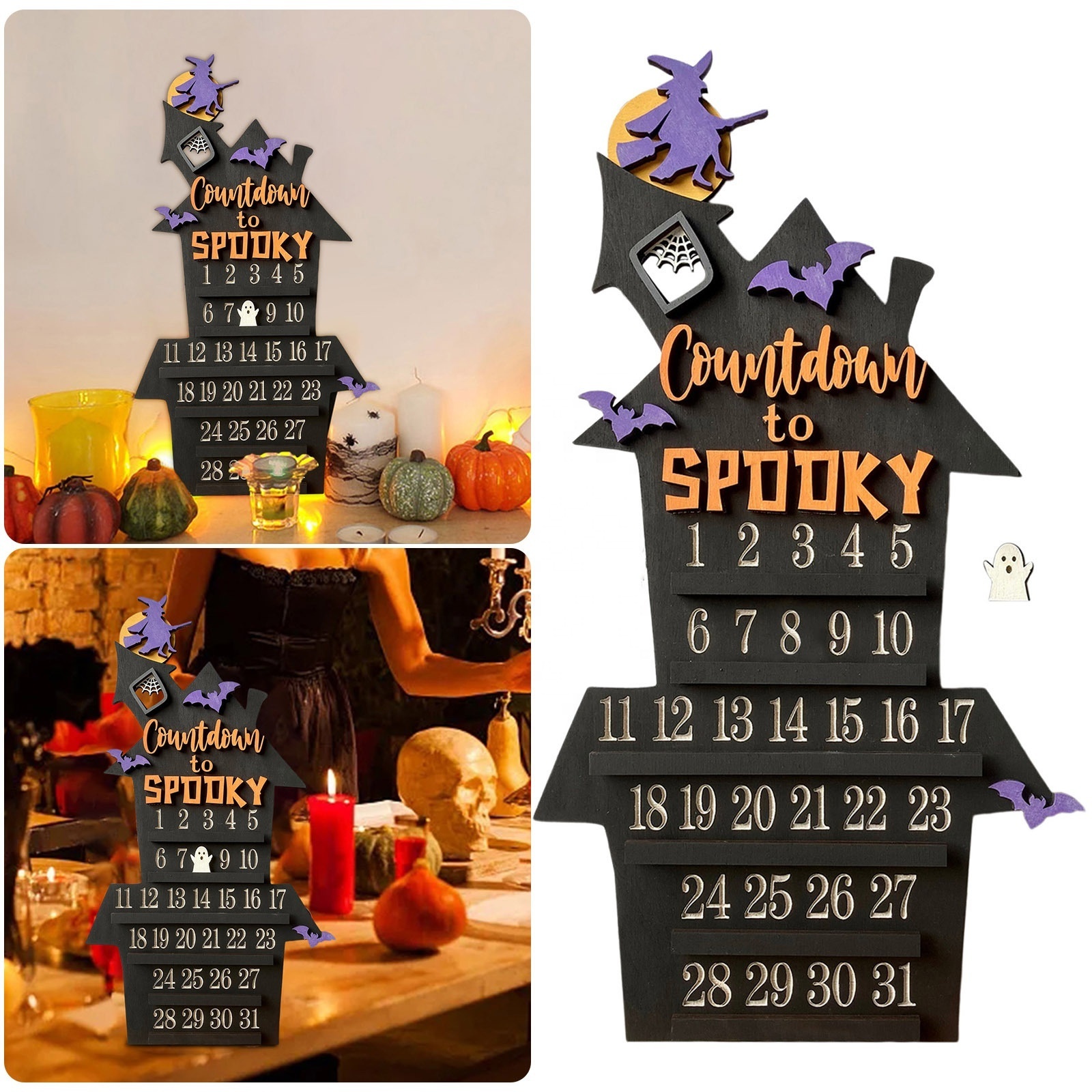 Halloween Advent Countdown Calendar with Witch Bat Decor Wooden Halloween Holiday Desktop Wall Ornament Gifts