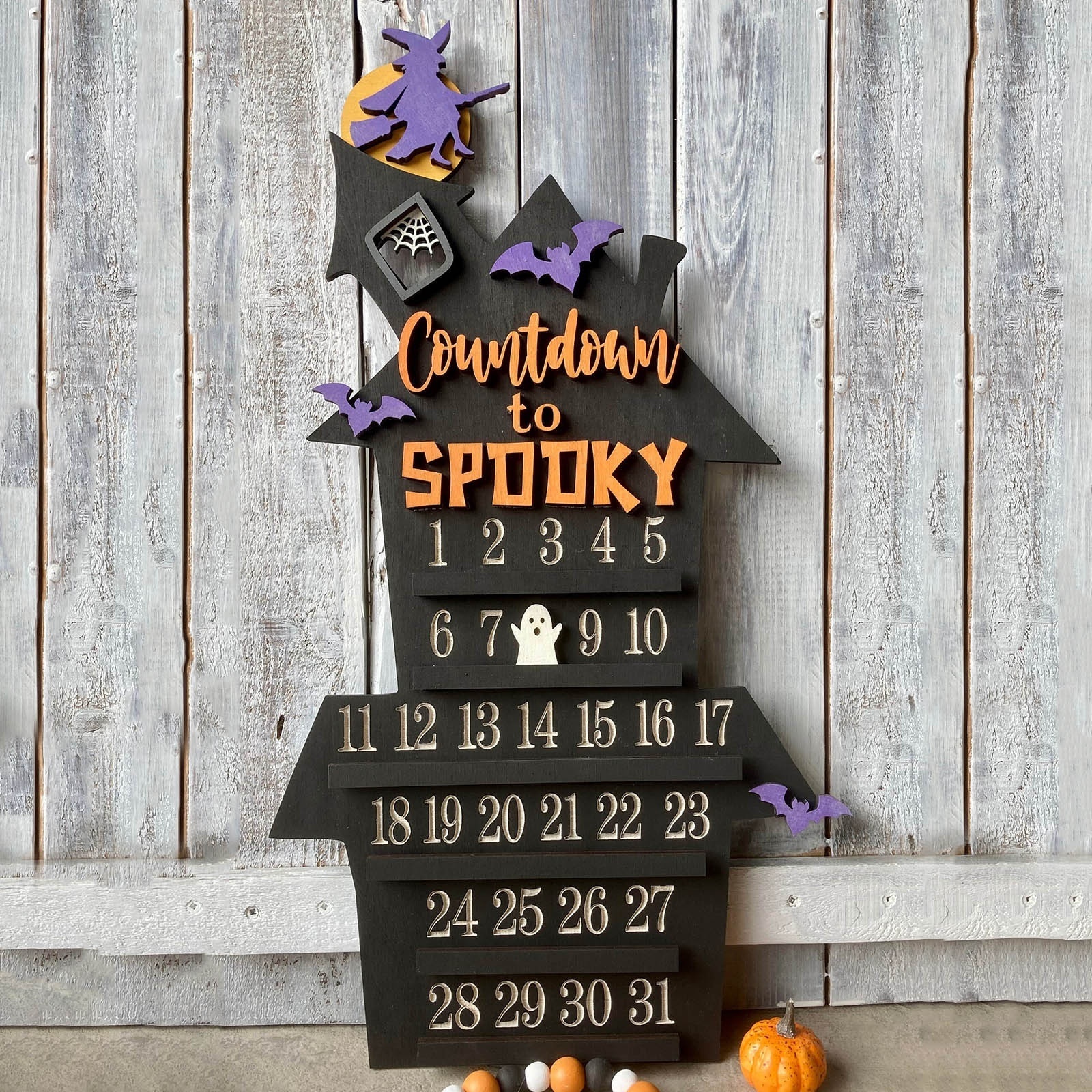 Halloween Advent Countdown Calendar with Witch Bat Decor Wooden Halloween Holiday Desktop Wall Ornament Gifts