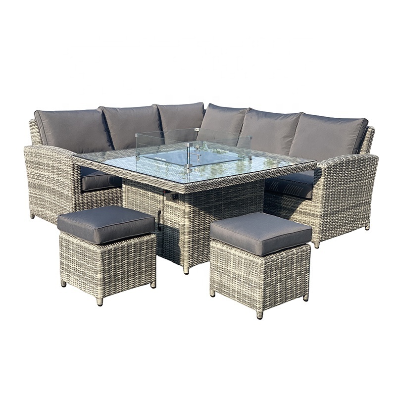 Dark Grey Luxury Rattan Patio Outdoor Furniture Garden Sets 7 Seat Lounge Sofa Set With Square Fire pit Low Dining Table