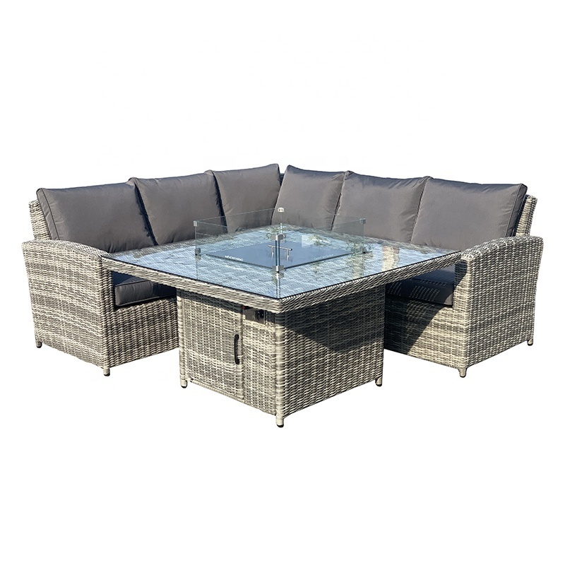 Dark Grey Luxury Rattan Patio Outdoor Furniture Garden Sets 7 Seat Lounge Sofa Set With Square Fire pit Low Dining Table