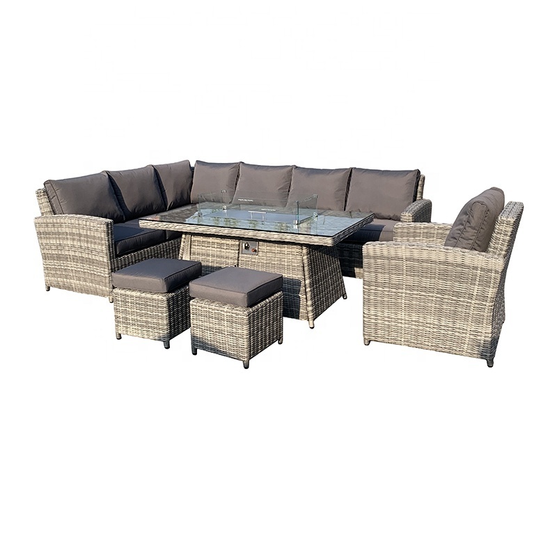 Dark Grey Luxury Rattan Patio Outdoor Furniture Garden Sets 9 Seat Lounge Sofa Set With Square Fire pit Low Dining Table