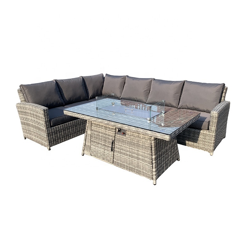 Dark Grey Luxury Rattan Patio Outdoor Furniture Garden Sets 9 Seat Lounge Sofa Set With Square Fire pit Low Dining Table