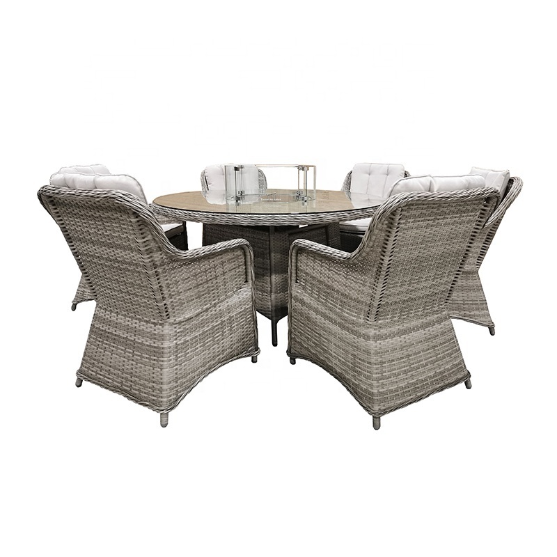 Outdoor Garden Furniture Wicker Rattan 6 seat Dining Set With Round Fire Pit Table And Chairs