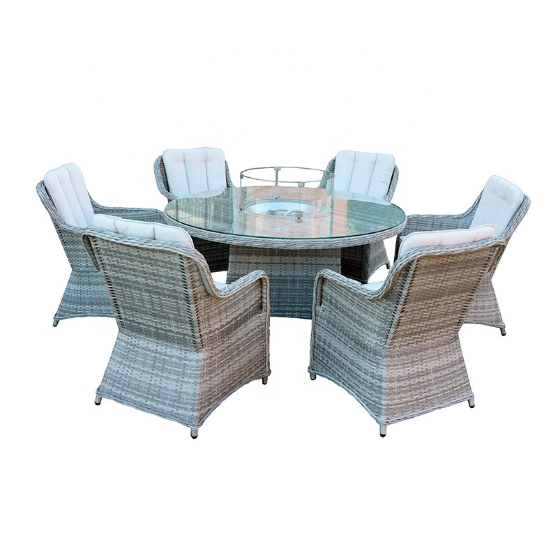 Outdoor Garden Furniture Wicker Rattan 6 seat Dining Set With Round Fire Pit Table And Chairs