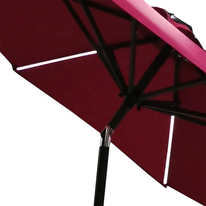 Customized Outdoor Garden Furniture Round Solar Panel Power Led Parasol Umbrellas With Crank Beach Patio Umbrella Stand