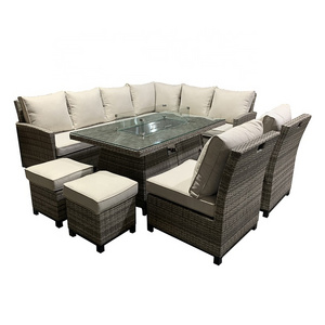 Patio Outdoor Garden Furniture Sets Rattan Corner Sofa Sets With Rectangular Fire Pit Table With Ottoman/Stools And Single Sofas