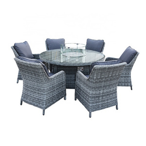 Luxury Wicker Rattan Patio Garden Furniture Set Outdoor 6 Seat Dining Set With Round Fire pit Table With Glass Top With Cushion