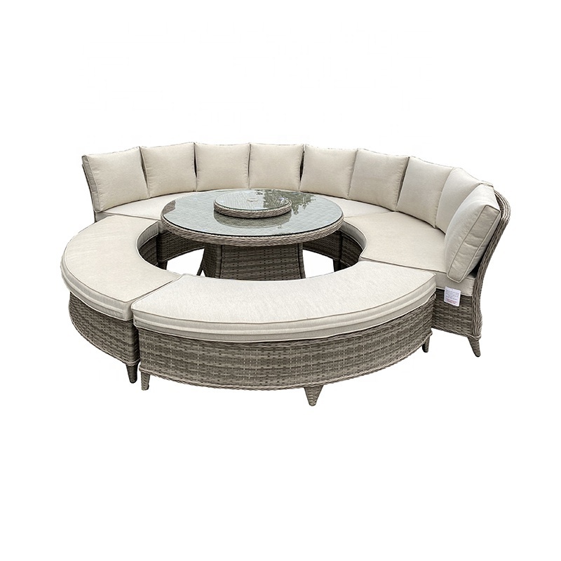 Wicker Rattan Patio Outdoor Garden Furniture Round Curved Sofa Sets Wth Low Dining Round Table