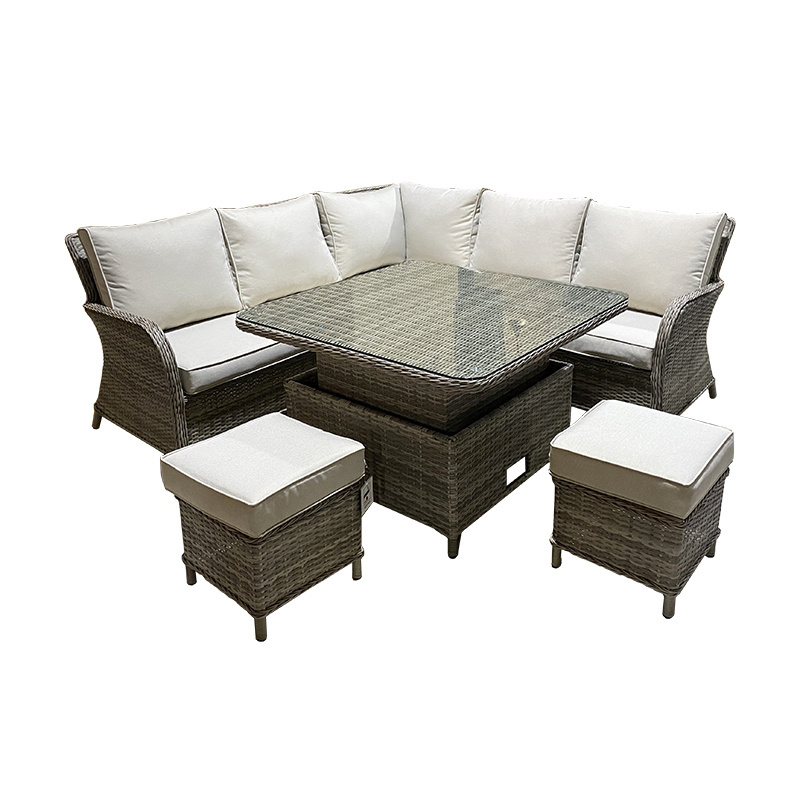 Outdoor Garden Patio Furniture Wicker Rattan Sofa Set With Square Rising/Liftable Table With Ottoman/Stools