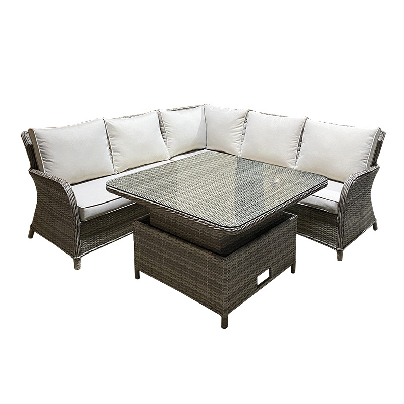 Outdoor Garden Patio Furniture Wicker Rattan Sofa Set With Square Rising/Liftable Table With Ottoman/Stools