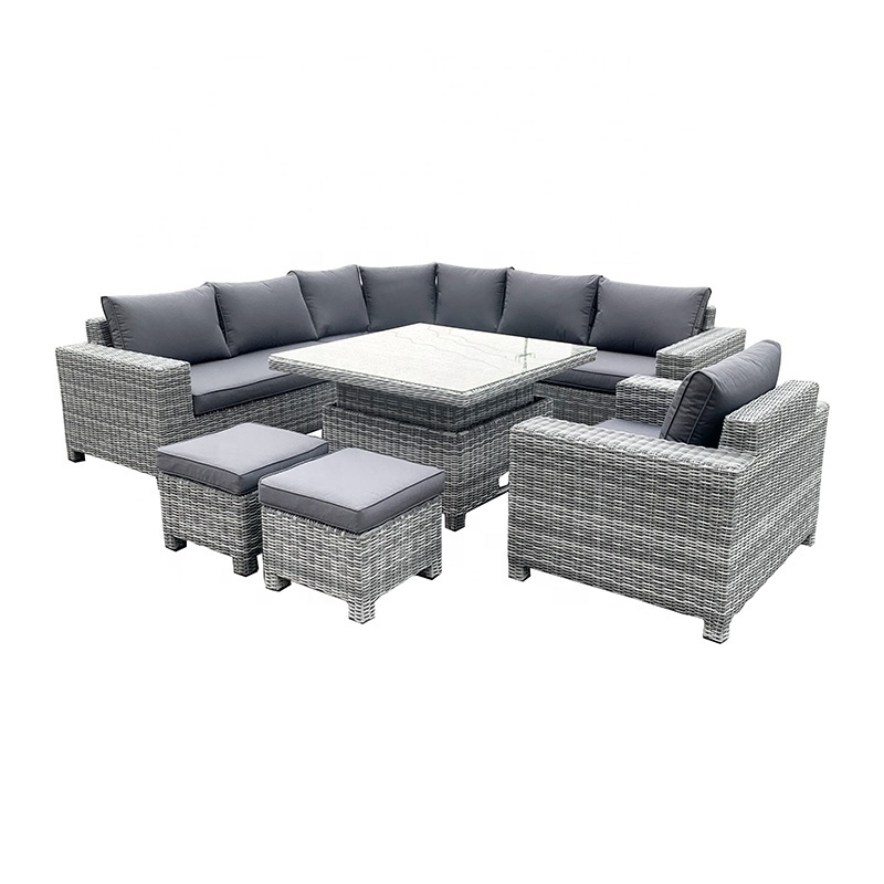 Dark Grey Luxury Rattan Patio Outdoor Furniture Garden Sets Modular 8 Seat Lounge Sofa With Square Rising/Liftable Dining Table