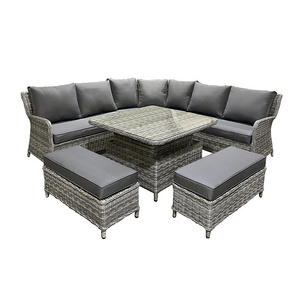 Dark Grey Patio Outdoor Garden Furniture Rattan 8 Seat Corner Sofa Set With Square Rising/Liftable Table And 2 Benches