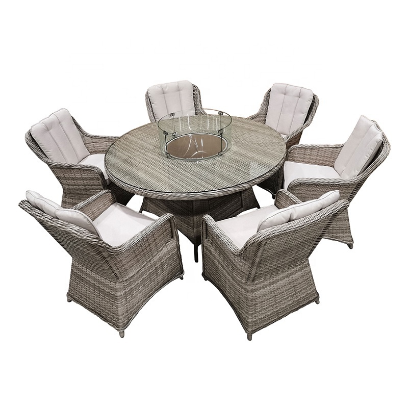 Outdoor Garden Furniture Wicker Rattan 6 seat Dining Set With Round Fire Pit Table And Chairs