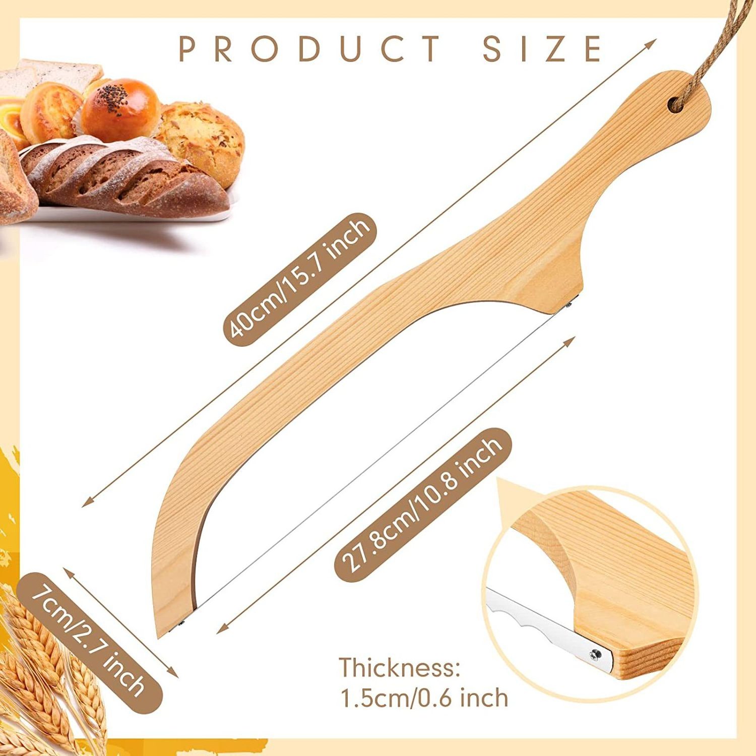 Bakers Professional Wooden Bread Bow Knife Stainless Steel Serrated Bread Knife With Bow Wooden Handle Bread Slicer