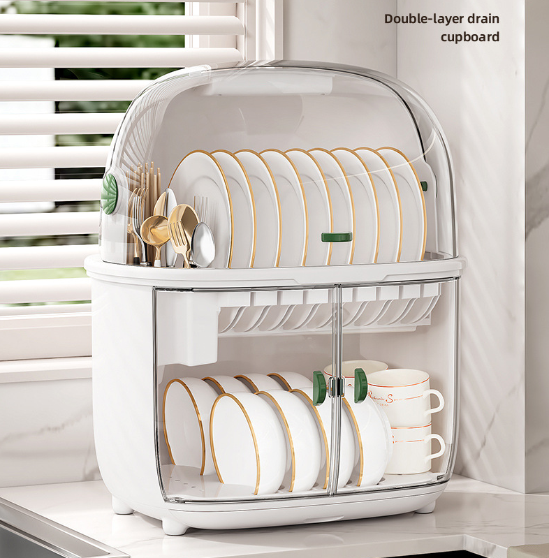 Kitchen double layer Dish Storage Rack Plastic Tableware Organizer with Lid Drain Storage Box