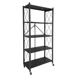 Kitchen 3/4/5 Tier Foldable Storage Shelves Heavy Duty, Collapsible Metal Shelves for Storage, Folding Shelf Rack with Wheels