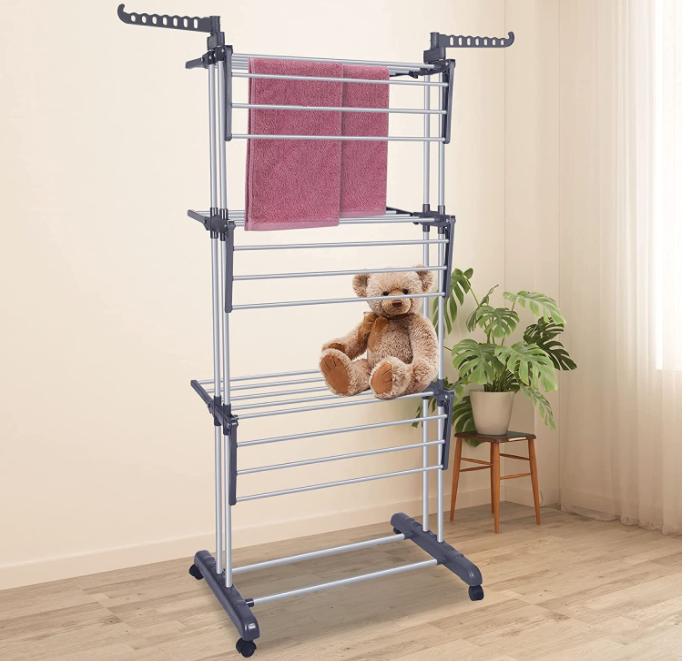 3 Tier Folding Clothes Rail Drying Rack,Laundry Garment Dryer Stand with Two Side Wings