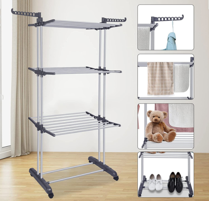 3 Tier Folding Clothes Rail Drying Rack,Laundry Garment Dryer Stand with Two Side Wings