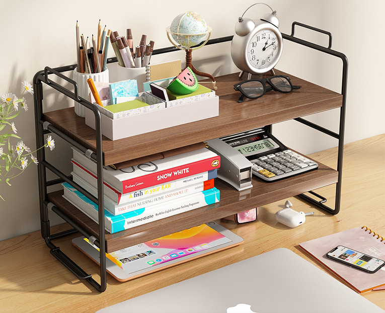 2 Tier Metal and Wooden Desktop Organizer Shelf, Small Display Organizer Shelf for Office, Kitchen, Bedroom, Bathroom