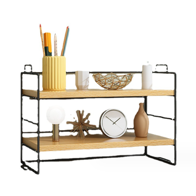 2 Tier Metal and Wooden Desktop Organizer Shelf, Small Display Organizer Shelf for Office, Kitchen, Bedroom, Bathroom