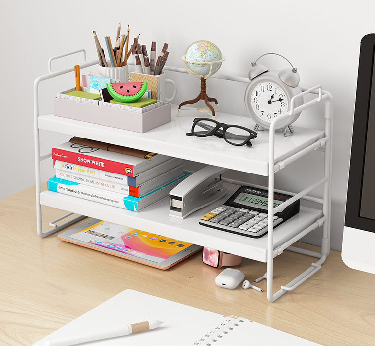 2 Tier Metal and Wooden Desktop Organizer Shelf, Small Display Organizer Shelf for Office, Kitchen, Bedroom, Bathroom