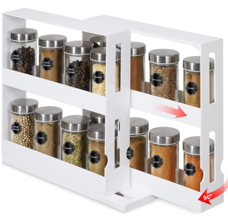 Rotating Spice Rack Plastic Seasoning Spice Jar Rack Storage 2 Tier Pull Out Kitchen Cabinet Organizer Slide Salt Bottle Box