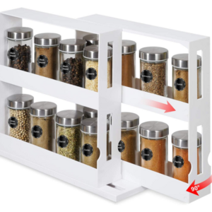 Rotating Spice Rack Plastic Seasoning Spice Jar Rack Storage 2 Tier Pull Out Kitchen Cabinet Organizer Slide Salt Bottle Box