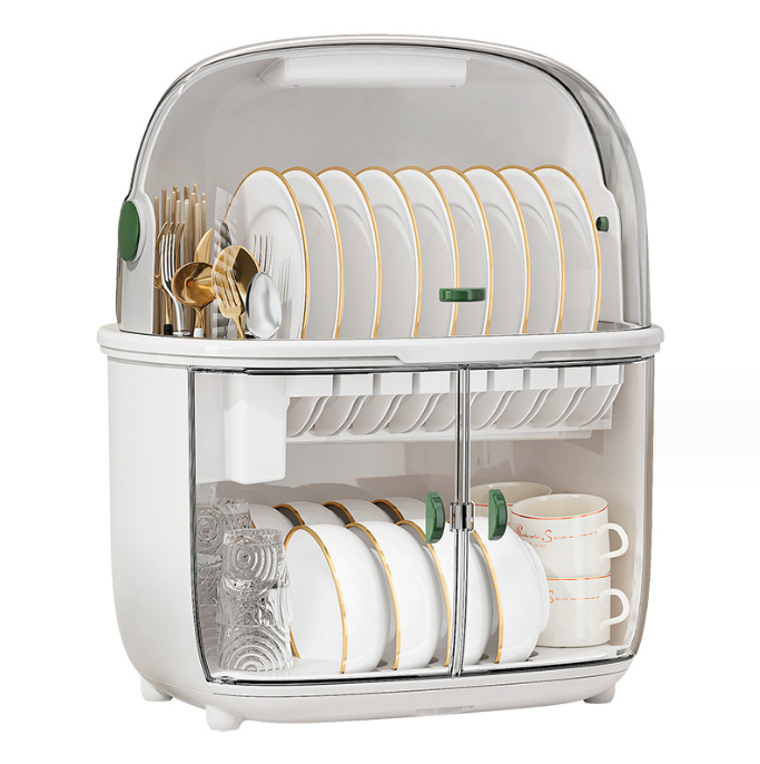 Kitchen double layer Dish Storage Rack Plastic Tableware Organizer with Lid Drain Storage Box