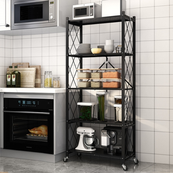 Kitchen 3/4/5 Tier Foldable Storage Shelves Heavy Duty, Collapsible Metal Shelves for Storage, Folding Shelf Rack with Wheels