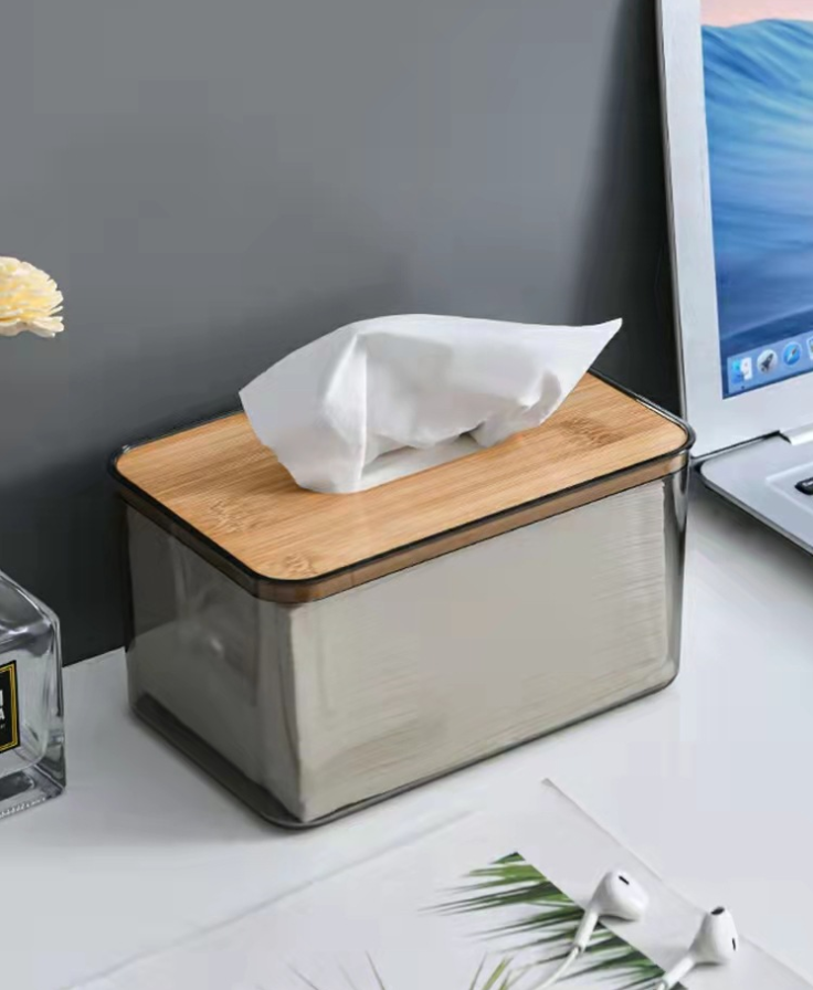 Tissue Holder Facial Tissue Dispenser Box with Bamboo Wood Lid Transparent Container