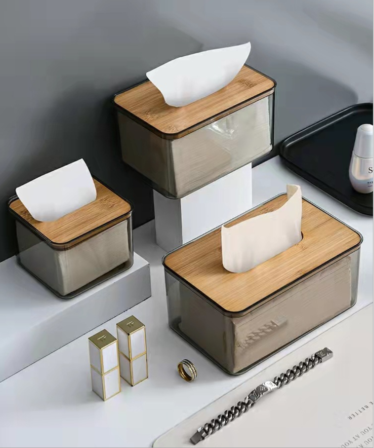 Tissue Holder Facial Tissue Dispenser Box with Bamboo Wood Lid Transparent Container