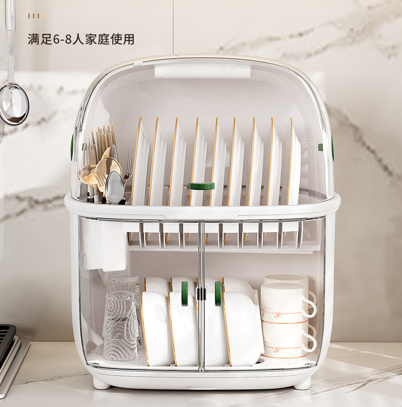 Kitchen double layer Dish Storage Rack Plastic Tableware Organizer with Lid Drain Storage Box