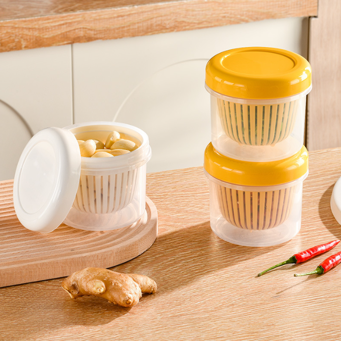 Wholesale Portable Round Plastic Kitchen Cooking Ginger Garlic Sealed Fresh Container Home Food Storage Drain Box