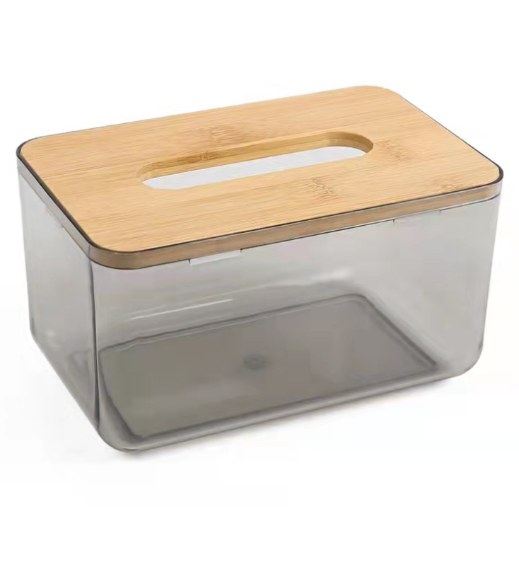 Tissue Holder Facial Tissue Dispenser Box with Bamboo Wood Lid Transparent Container