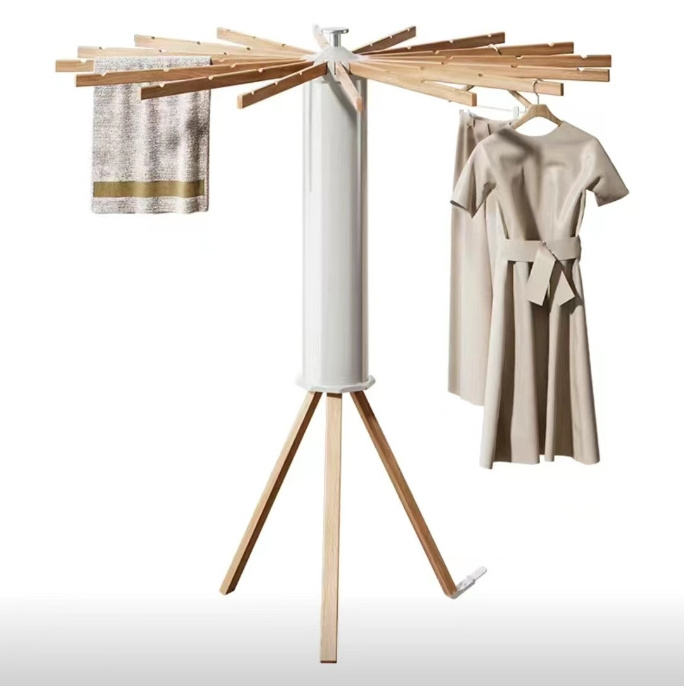 Solid Wood Octopus Drying Rack Clothing,Cylinder Tripod Drying Rack With 16 Expandable Rods,Space Saving Master