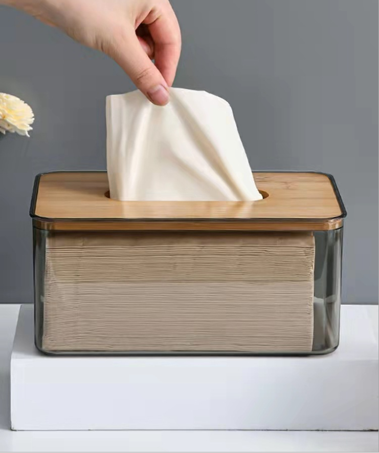 Tissue Holder Facial Tissue Dispenser Box with Bamboo Wood Lid Transparent Container